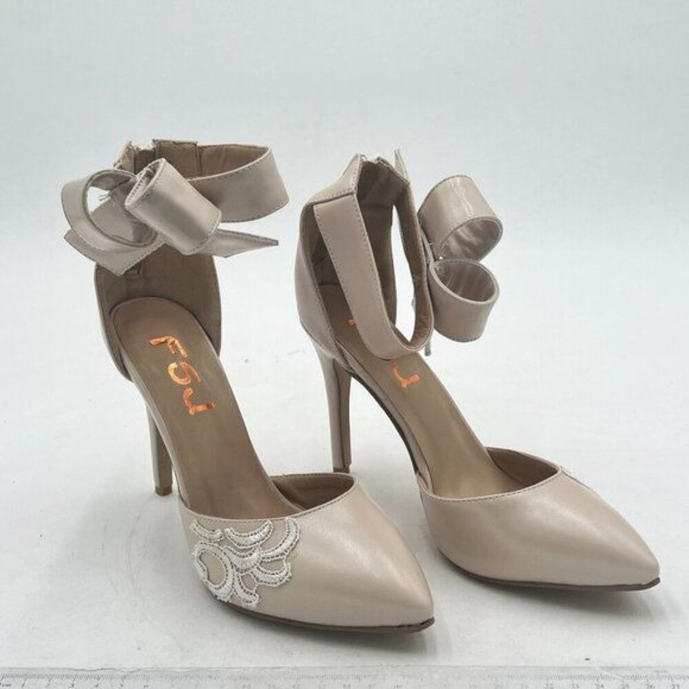 FSJ Beige Single Band Open Toe Ankle Strap Stiletto Heel Wedding Bow Satin Pump